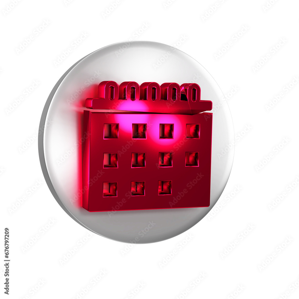 Poster red calendar icon isolated on transparent background. event reminder symbol. silver circle button.