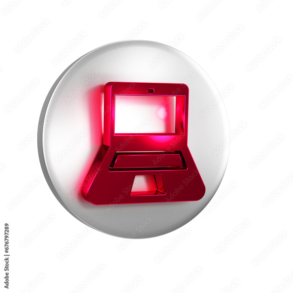 Poster red laptop icon isolated on transparent background. computer notebook with empty screen sign. silver