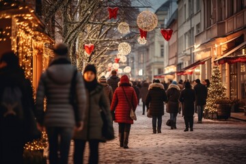 A festive blur envelopes the winter street, where people amble, immersed in the holiday's charm.