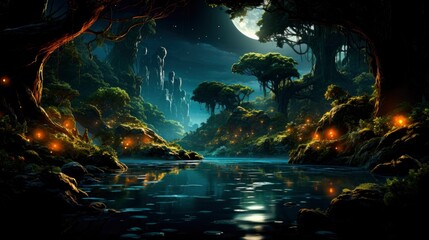 Fototapeta premium A night where forest fantasies take flight, enveloped in magic, the green foliage sparkles under the tender dance of firefly luminescence.