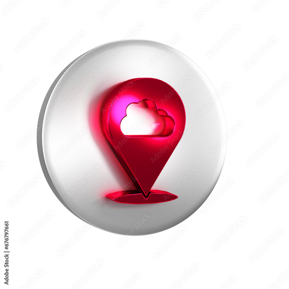 Poster red location cloud icon isolated on transparent background. silver circle button.