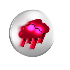 Red Cloud with rain icon isolated on transparent background. Rain cloud precipitation with rain drops. Silver circle button.