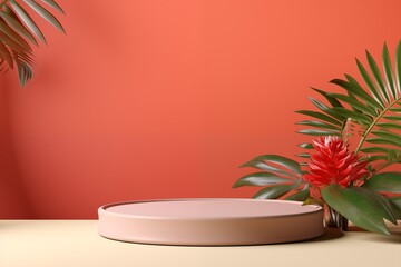 Obraz premium Empty pink podium on red background surrounded by tropical leaves. Display, pedestal for the presentation of cosmetic products, perfume or drinks