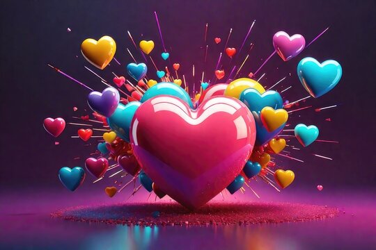 Colorful 3d heart shapes creative background, horizontal composition