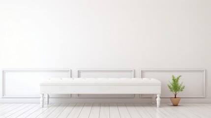 Minimalist White Living Room featuring a white bench and a potted plant against a white wall.
