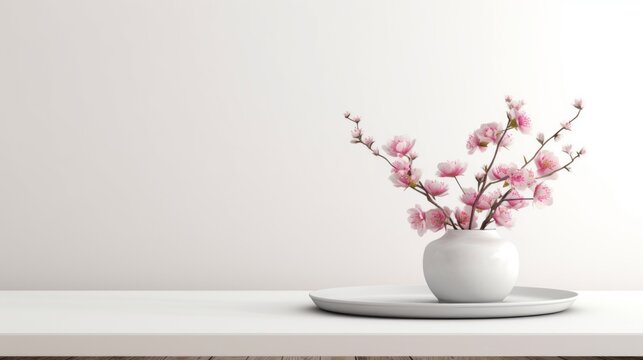 white vase holding blooming cherry blossom branches, set against a soft pink backdrop, exuding a sense of springtime serenity.