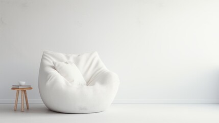 A modern, minimalist room featuring a plush white bean bag chair, offering a cozy and comfortable space for relaxation.
