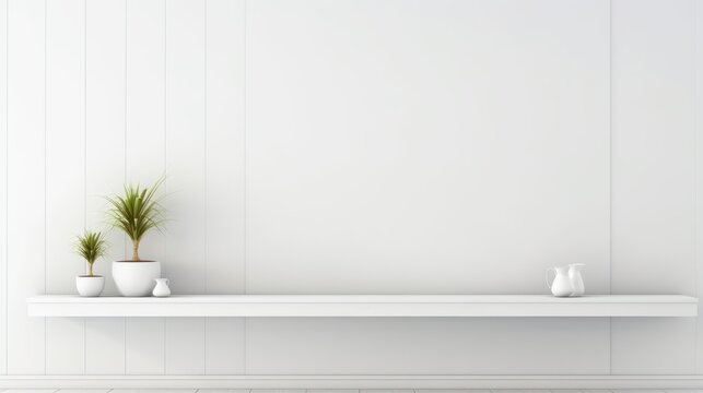 A minimalist white shelf adorned with two potted plants and a white vase, set against a white wall, embodying Scandinavian simplicity and freshness.