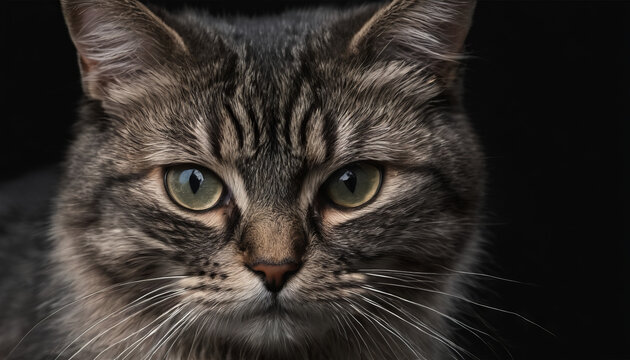 A cat with a sad look on its face and a black background