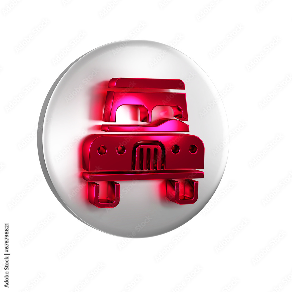 Poster red car icon isolated on transparent background. front view. silver circle button.