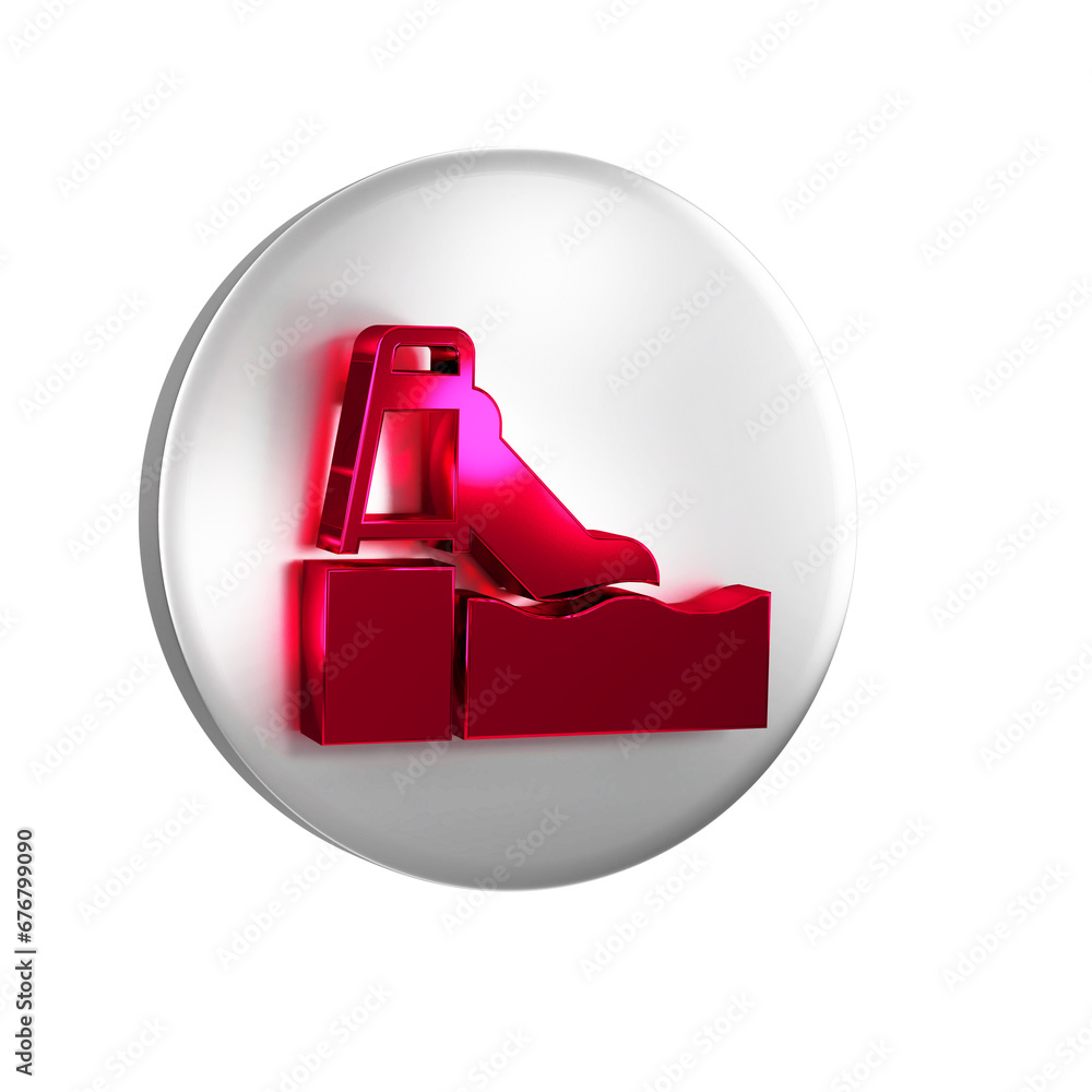 Poster red water slide with pool icon isolated on transparent background. aquapark. silver circle button.