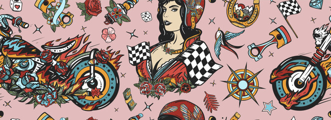 Bikers lifestyle seamless pattern. Old school tattoo style. Burning chopper motorcycle, rider moto sport woman. Pin up girl, spark plug. Racers background - obrazy, fototapety, plakaty