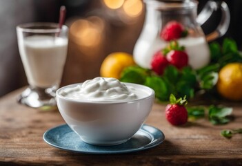 Obraz na płótnie Canvas AI generated illustration of a white bowl filled with creamy yogurt next to a pitcher of milk