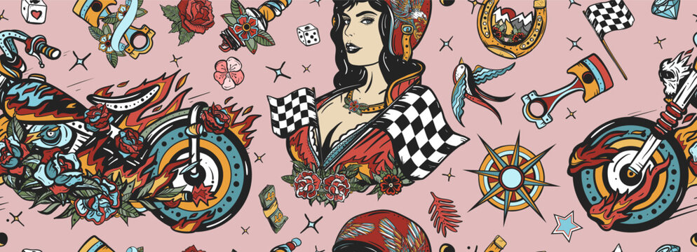 Bikers lifestyle seamless pattern. Old school tattoo style. Burning chopper motorcycle, rider moto sport woman. Pin up girl, spark plug. Racers background