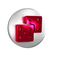 Red Game dice icon isolated on transparent background. Casino gambling. Silver circle button.