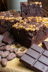 Brownie with almonds. Chocolate cake. Dark chocolate. Dessert