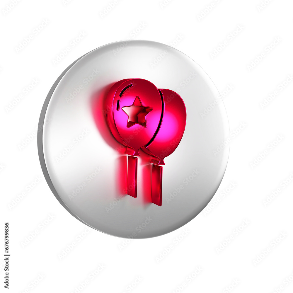 Sticker red balloons with ribbon icon isolated on transparent background. happy easter. silver circle button