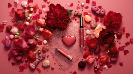  a pink background with flowers, lipstick, hearts, and a bottle of lipstick on the bottom of the image.  generative ai