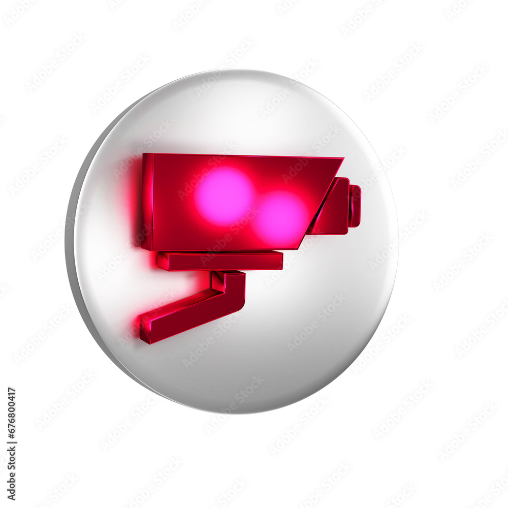Poster red security camera icon isolated on transparent background. silver circle button.