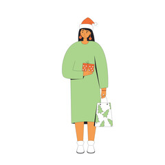 Woman standing with Christmas presents. Vector illustration