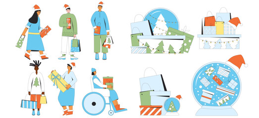 People with Christmas presents. Vector illustration
