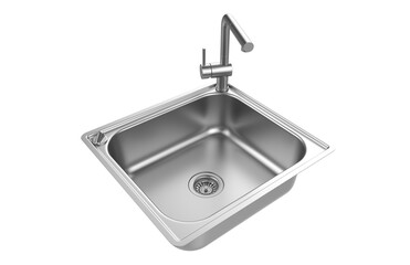 A stainless steel kitchen sink isolated on a white background, equipped with a faucet, and rendered in 3D.