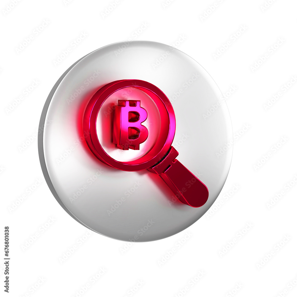 Poster Red Magnifying glass with Bitcoin icon isolated on transparent background. Physical bit coin. Blockchain based secure crypto currency. Silver circle button.