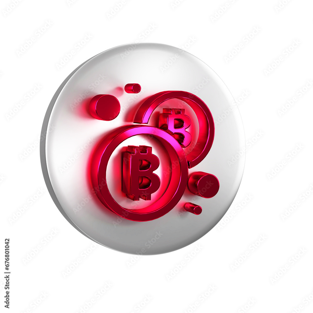 Poster Red Cryptocurrency coin Bitcoin icon isolated on transparent background. Physical bit coin. Blockchain based secure crypto currency. Silver circle button.