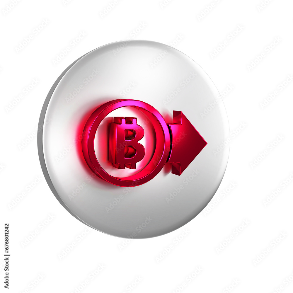 Poster Red Cryptocurrency coin Bitcoin icon isolated on transparent background. Physical bit coin. Blockchain based secure crypto currency. Silver circle button.