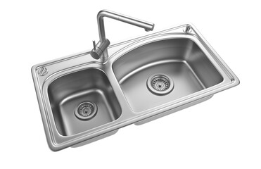 A stainless steel kitchen sink isolated on a white background, equipped with a faucet, and rendered in 3D.
