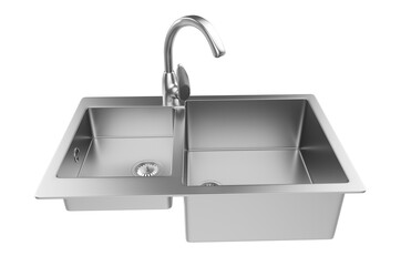 A stainless steel kitchen sink isolated on a white background, equipped with a faucet, and rendered in 3D.