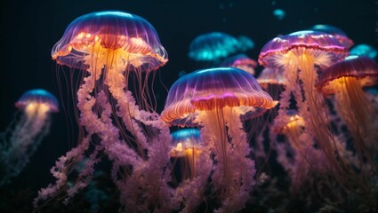 Fototapeta na wymiar AI generated illustration of bioluminescent jellyfish gliding underwater with vibrant colors