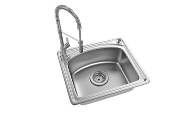 A stainless steel kitchen sink isolated on a white background, equipped with a faucet, and rendered in 3D.