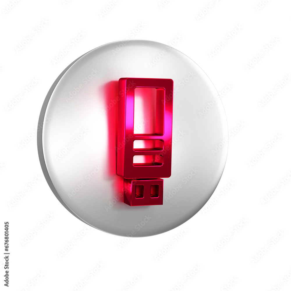 Poster red usb flash drive icon isolated on transparent background. silver circle button.