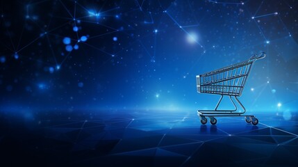 shopping cart blue glowing light, Shopping card full of presents. blue, polygonal style for E-commerce online shopping, Marketplace platform website - obrazy, fototapety, plakaty