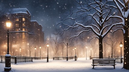 A snowy urban park with city lights glowing through the falling snowflakes.