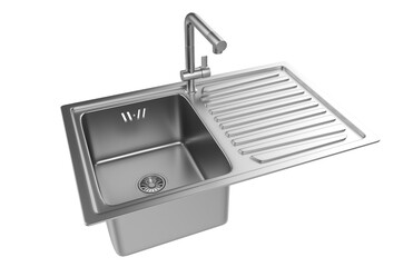 A stainless steel kitchen sink isolated on a white background, equipped with a faucet, and rendered in 3D.