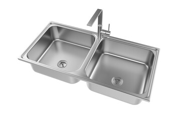 A stainless steel kitchen sink isolated on a white background, equipped with a faucet, and rendered in 3D.