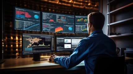 analyst uses computer and dashboard for data business analysis and Data Management System with KPI and metrics connected to the database for technology finance, operations, sales, marketing.
