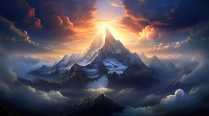  a painting of a mountain in the clouds with a bright light coming from the top of the mountain in the middle of the picture.  generative ai