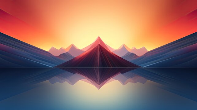  a computer generated image of a mountain range with a lake in the foreground and a sunset in the background.  generative ai