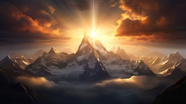  a painting of a mountain with a cross on top of it in the middle of a cloudy sky with the sun shining through the clouds.  generative ai