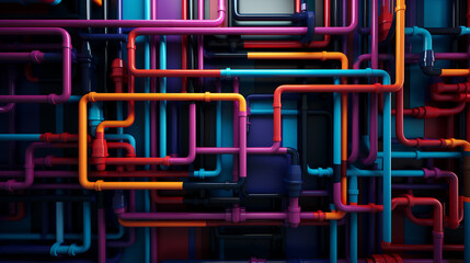 Pipes of various colors are tangled that are attached to the wall. All well connected. 3D graphic background design.