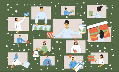 Online Christmas party. Vector illustration