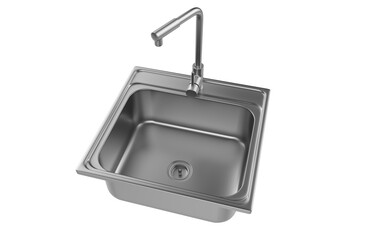 A stainless steel kitchen sink isolated on a white background, equipped with a faucet, and rendered in 3D.