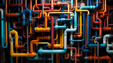 Pipes of various colors are tangled that are attached to the wall. All well connected. 3D graphic background design.