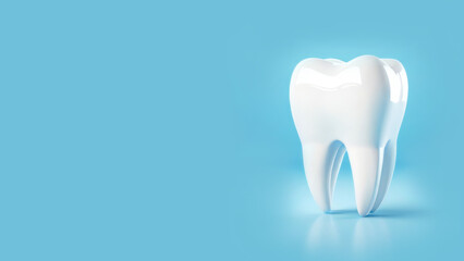 Dental care concept with healthy tooth on clean soft blue background studio shot. Web banner or presentation template with copy space.