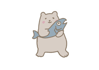 嬉しそうにサーモンを抱くくまのかわいいイラスト