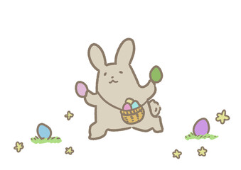 イースターで楽しそうにエッグハントするうさぎのかわいいイラスト