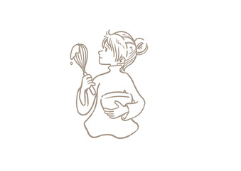 お菓子作りをするシンプルな女性の線画